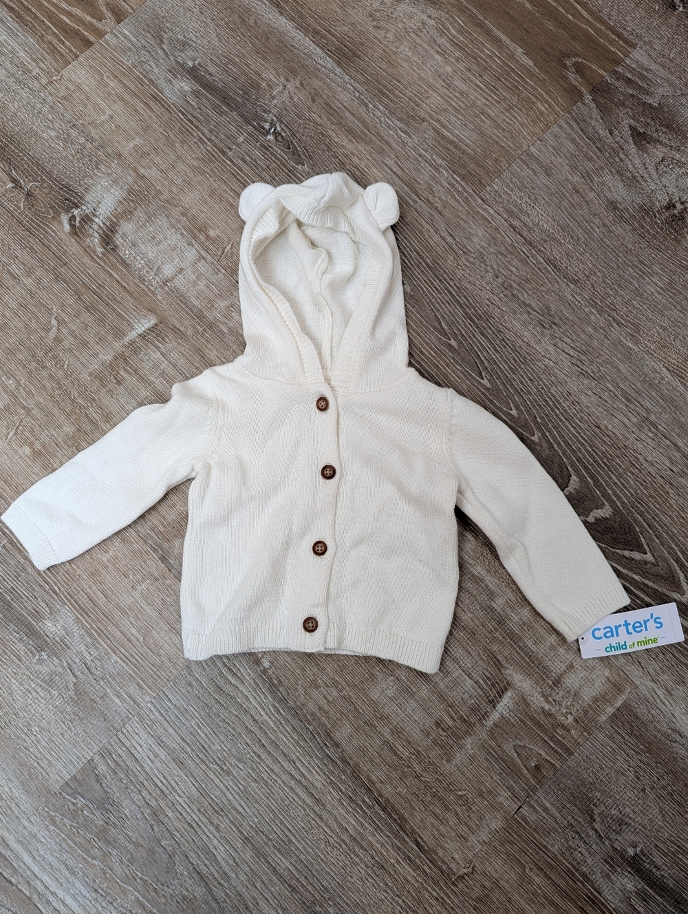NWT Carter's Cream 100% Cotton Button Up Bear Sweater Size 6-9 Months